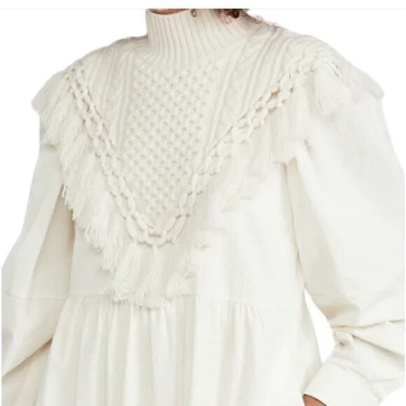 Sea New York Fringe Trim Cream Wool Crochet Cable Knit Collar Sweater Poncho 6 - Picture 1 of 14